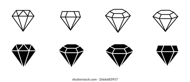 Collection of diamond icons in outline and solid styles featuring gemstone shapes, jewelry symbols, luxury crystal elements, precious stone vector illustrations for design, fashion and decoration