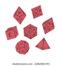 Colección de dados aislados en fondo blanco, dibujado a mano. D8 D10 D12 D20 Dice para juegos de mesa, dados RPG para vector de juego de mesa