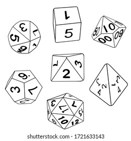 collection of dice for role-playing games isolated on white background hand drawn