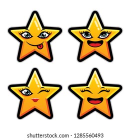Collection of difference emoticon icon of cute star cartoon on white background flat vector illustration
