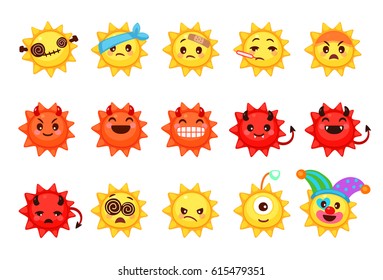 Collection of difference emoticon icon of cute sun cartoon on white background vector illustration part 3