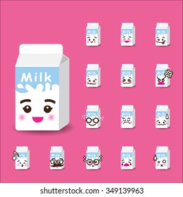 Collection of difference emoticon icon of milk box cartoon on pink background vector illustration