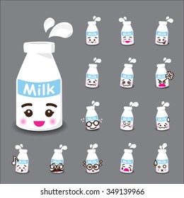 Collection of difference emoticon icon of milk cartoon on grey background vector illustration