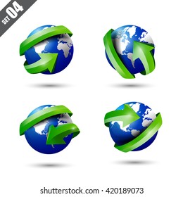Collection of different 3D icons, globe and world map set with green arrows circling earth.