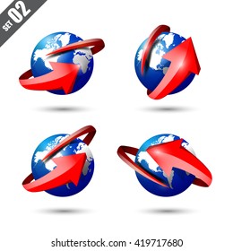 Collection of different 3D icons set globe and world map with red shine arrow 