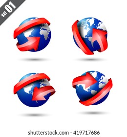 Collection of different 3D icons set globe and world map with red shine arrow 