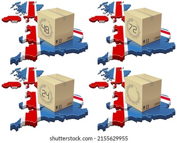 Collection of different 3D maps of the United Kingdom in the colors of the British flag on which is placed a cardboard package with a delivery time of 72h, 48h or 24h (cut out)