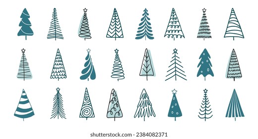 Collection of different abstract Doodle Christmas trees. Green Sketch drawn Spruce pine Fir Isolated on white. Winter Xmas holidays symbol. Design element