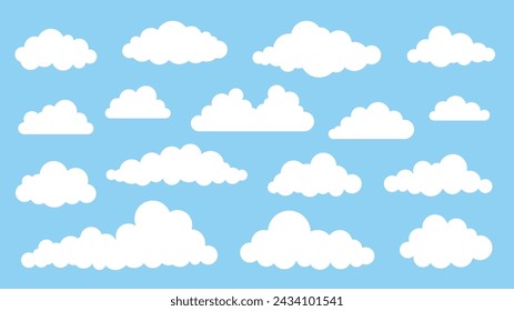 Collection of different abstract flat cartoon fluffy clouds isolated on blue sky panorama vector illustration. Weather forecast symbols set. Outdoor nature, spring weather cloudscape