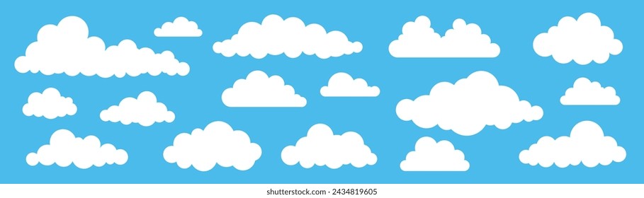 Collection of different abstract flat cartoon fluffy clouds isolated on blue sky panorama vector illustration. Weather forecast symbols set. Outdoor nature, spring weather cloudscape