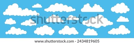 Collection of different abstract flat cartoon fluffy clouds isolated on blue sky panorama vector illustration. Weather forecast symbols set. Outdoor nature, spring weather cloudscape