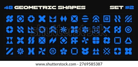Collection of different abstract geometric elements. Brutalist style different shapes, symbols and logos placed in grid. Modern vector illustration