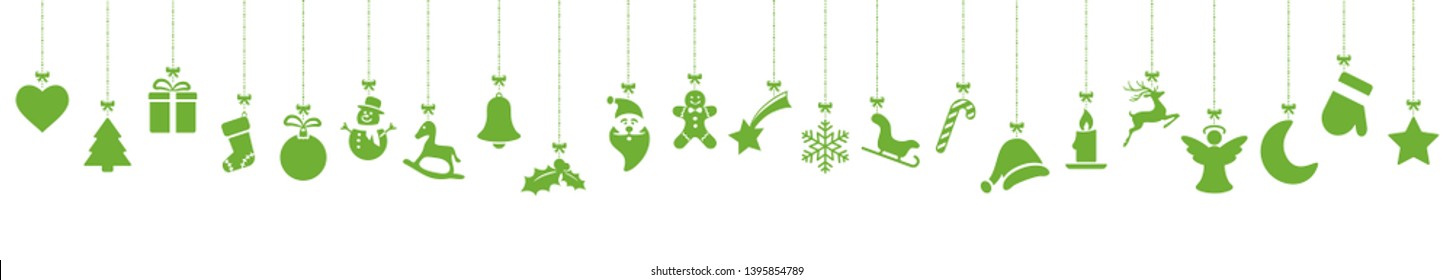 collection of different abstract hanging icons colored green for christmas and winter time concepts
