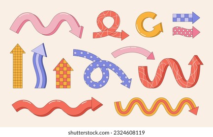 Collection of different abstract playful arrow pointers. Dynamic groovy cartoon arrow signs. Vector illustration