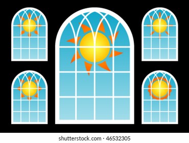 collection of different abstract suns behind windows