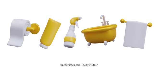 Colección de diferentes accesorios para el baño. 3 d baño realista, cosmético, papel higiénico colgante y toallas. Autocuidado, limpieza y lavado. Ilustración vectorial en estilo 3d