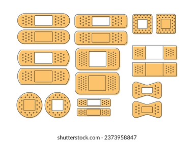 Collection of different adhesive patch. Medical plasters, bandage set in line style. Vector illustration