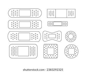 Collection of different adhesive patch. Medical plasters, bandage set in line style. Vector illustration