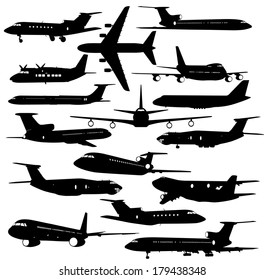 Collection of different  aircraft silhouettes.  vector illustration 