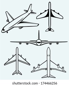 Collection of different airplane. Image isolated on blue background