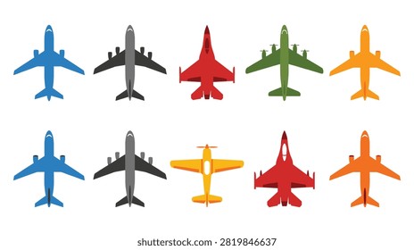 Collection of different airplane silhouettes including commercial jets military fighters propeller planes and private aircraft in various colors style.