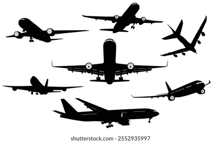 Collection of different airplane silhouettes isolated on white background