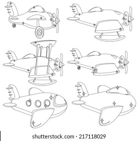 Collection of Different Airplane Silhouettes. A Set of  Animated Cartoon Planes Contour.