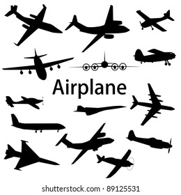 Collection of different airplane silhouettes. Vector illustration.