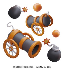 Collection of different ancient cannons on wheels and burning fuse black bomb. Military cannon for computer 3d game concept. Vector illustration in orange and black colors