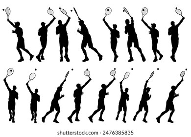 Kollektion der verschiedenen Winkel der Silhouette des männlichen Tennisspielers, isolierte Vektorgrafik für grafische Ressourcen