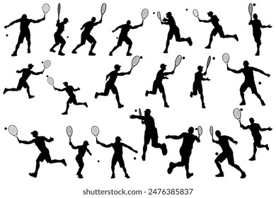 collection of different angle of silhouette male tennis player character , isolated vector for graphic resources