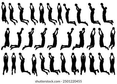 collection of different angle of silhouette male basketball player character , isolated vector for graphic resources