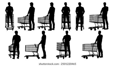 collection of different angle of silhouette male character with shopping cart  , isolated vector for graphic resources