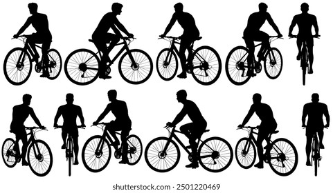 collection of different angle of silhouette male character with a bicycle, isolated vector for graphic resource