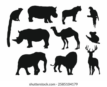 A collection of different animal black silhouettes, including a rhino, elephant, giraffe, and deer. Hand drawn flat vector illustrations isolated on white background