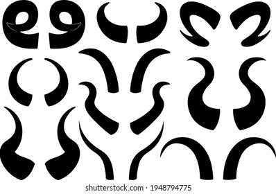 Collection of different animal horns isolated on white