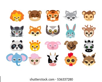 Collection of different animal masks on face. Mask of  wild animals isolated on white. Vector in flat design