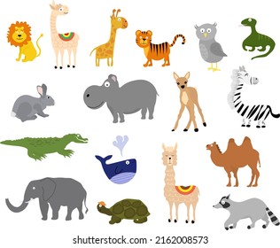 Collection of different animals. Vector set - elephant and giraffe, crocodile, owl, zebra and others. For use in the design of covers and brochures, flyers, icons, cards and posters.