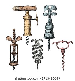 Colección de diferentes diseños antiguos de sacacorchos y abrebotellas de vino, dibujados en un estilo de grabado clásico vintage, ideal para bebidas, cocina o bar