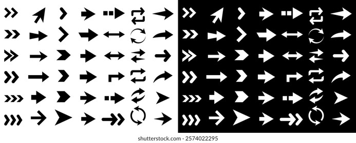 Collection of different arrow icon. Set of black arrow signs and direction pointers in different styles. Vector illustration isolated on black and white background.