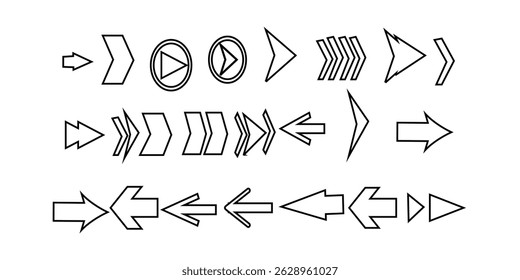 Coleção de diferentes desenhos vetoriais de conjunto de setas. Conjunto de ícones de seta. Ícone de setas. Conjunto de contorno de seta. Setas para web design. Estrutura de tópicos do cursor. Definição de ponteiro de forma e tamanho diferentes.