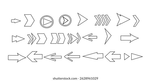 Collection of different arrow set vector design. Set of arrow icons. Arrows icon. Set of arrow outline. Arrows for web design. Cursor outline. Different shape and size pointer set.