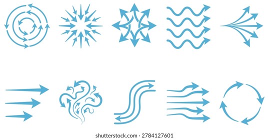 Collection of different arrow shapes and flow direction symbols, including circular, wavy, straight, and chaotic paths, isolated on a white background.