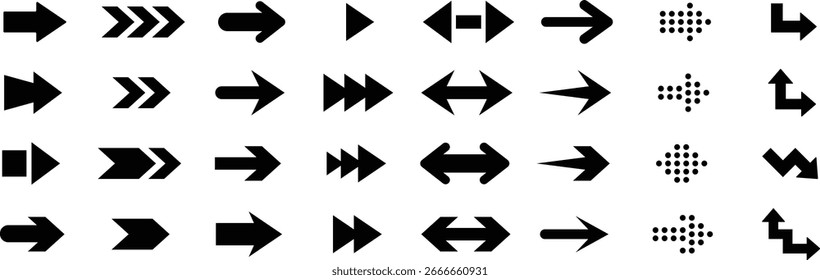 Colecione diferentes sinais de seta. Seta. Cursor. Símbolos de direção de seta de cursor diferentes em estilo plano. Ícone de seta, sinal de estrada, símbolo de tráfego, sinal financeiro, aumentar a coleção de símbolos de diminuição.