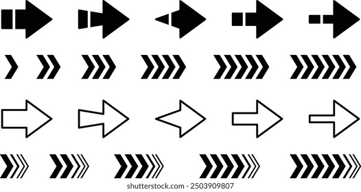 Collection different arrow signs. Set of arrow signs, direction symbol, way sign, traffic icons isolated on white background. Black arrow signs. Arrow icon set