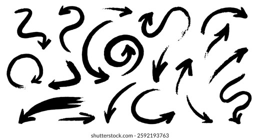 Collection of different arrows drawn by hand with brushes. Grunge or doodle looking directional signs for web package or other usage. many shapes and concept for video and educational purposes