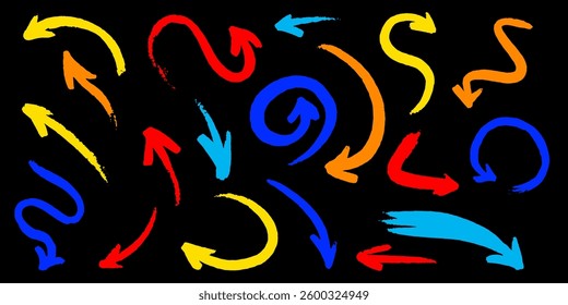 Collection of different arrows drawn by hand with brushes. Grunge or doodle looking directional signs for web package or other usage. many shapes and concept for video and educational purposes