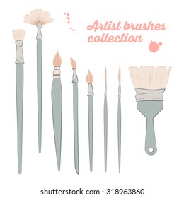 Collection of different artistic brushes in pale colors.