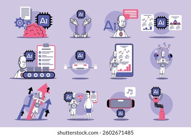 Collection of different aspects of artificial intelligence, including data analysis, robotics, and automation on purple background. AI concept
