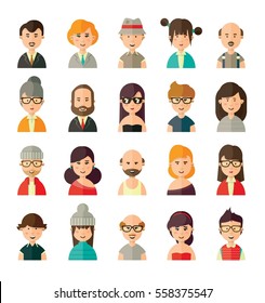 Collection of different avatars in flat style of young, old, female and male people